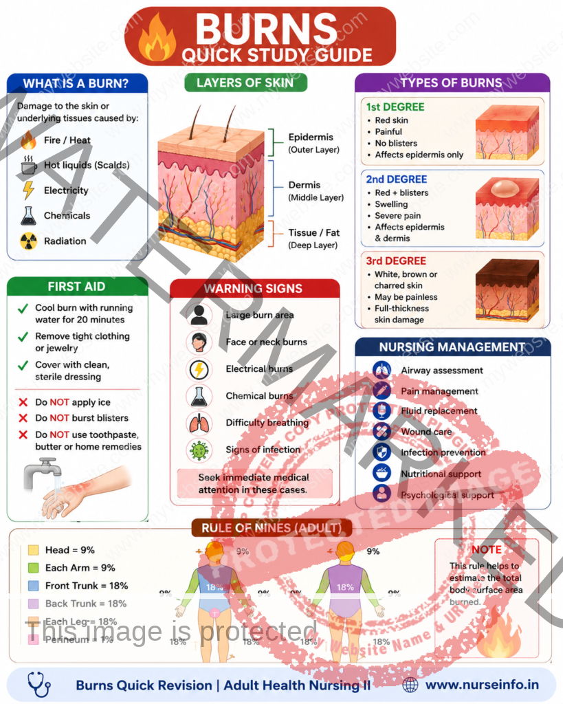 Simple burns infographic showing burn types, first aid steps, nursing management, and Rule of Nines for nursing students.