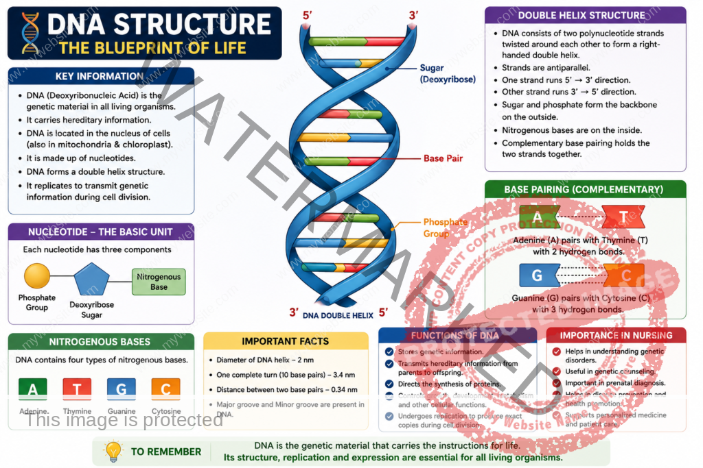DNA structure infographic showing double helix structure, nucleotide components, base pairing (A-T and G-C), nitrogenous bases, DNA functions, and genetics concepts for BSc Nursing students.
